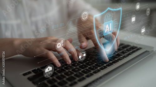Obraz na płótnie Intelligent AI cybersecurity system enhances digital protection, detects real-time threats, and ensures secure data transmission, improving resilience and network reliability