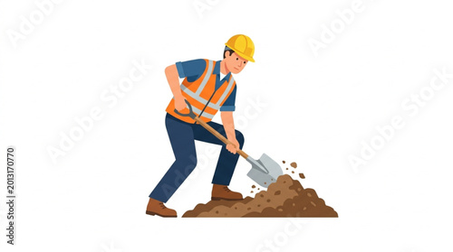 Tablou pe pânză Construction worker digging with shovel in dirt pile.