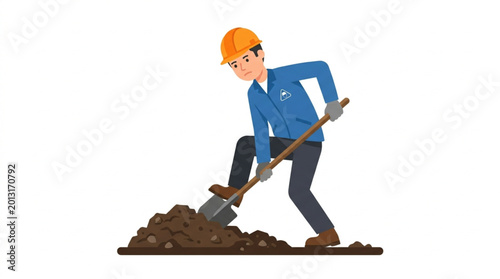 Construction worker digging with shovel in dirt.