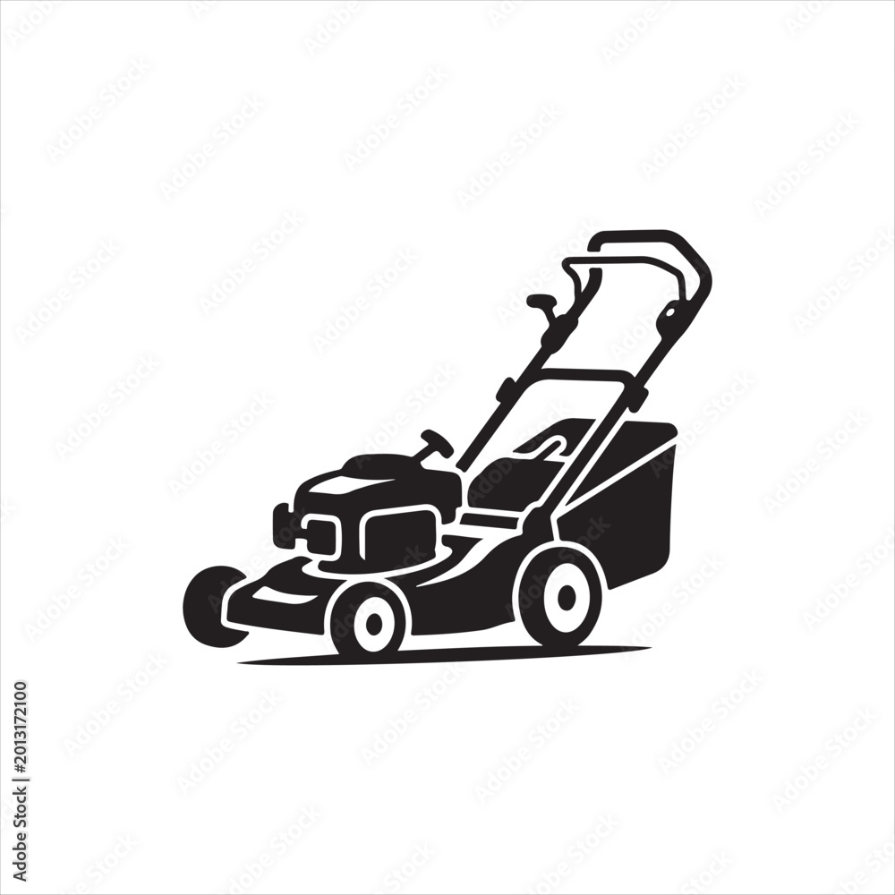 Naklejka premium Black silhouette of a lawn mower on white background for design use