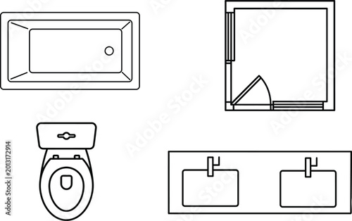 Architectural Bathroom Plan Symbols: 2D Top View Icons of Bathtub Toilet Shower and Double Sink Vanity