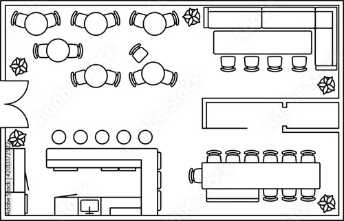 Architectural Office Floor Plan Layout: 2D Top View of Workspace with Meeting Room Cafe Tables and Lounge Area