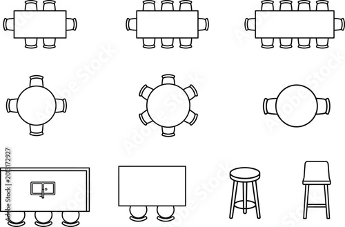 Architectural Furniture Plan Symbols: 2D Top View Icons of Dining Tables Conference Desks and Bar Stools