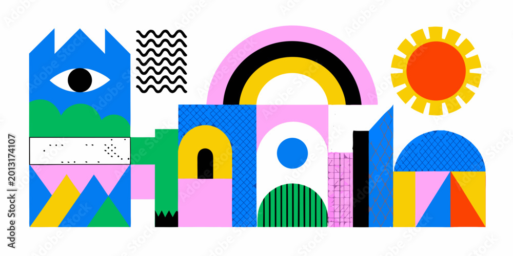 Obraz premium abstract geometric cityscape illustration with colorful shapes and patterns
