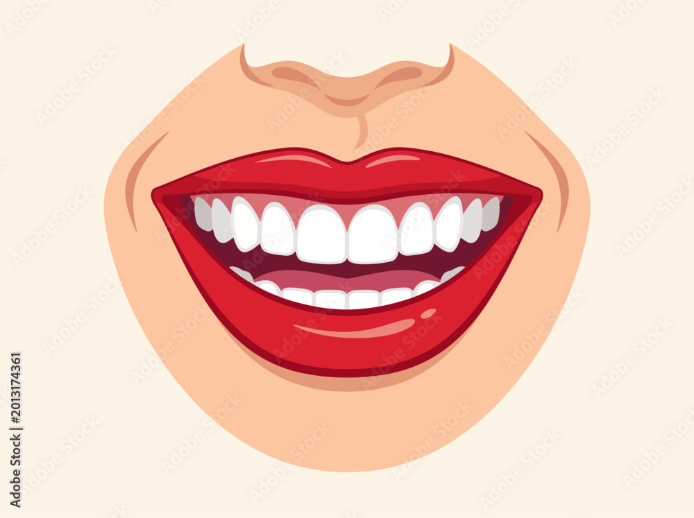 Fototapeta premium Close-up illustration of a smiling mouth with bright red lips and perfect white teeth showing happiness and dental health.