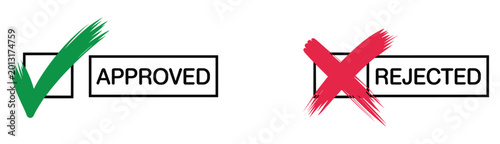 Approved vs. Rejected: Symbolic icons illustrating acceptance and refusal decisions. Checkmark, cross mark, choice symbol, right or wrong sign, accept or reject.