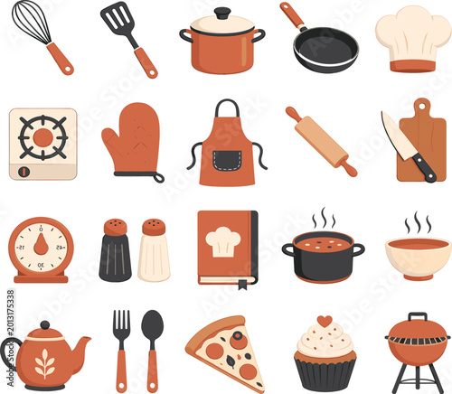 Food and cooking icon set with 20 kitchen utensils and dishes gastronomy restaurant ingredient illustration