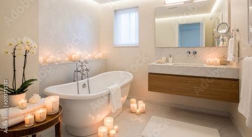 Numerous glowing candles illuminate a luxurious bathroom setting with a freestanding tub and vanity