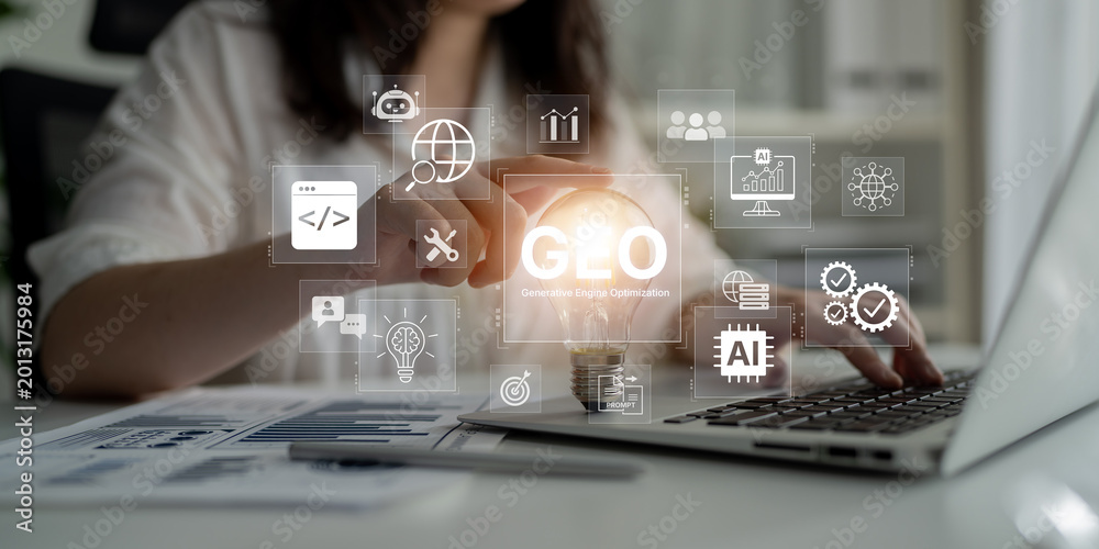 Fototapeta premium Digital marketing concept featuring GEO strategy, optimizing content for AI search engines and large language models. Evolution of SEO, brand authority, and AI citation visibility. Corpus