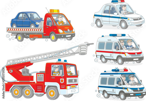 Set of special vehicles with an ambulance car, police cars, a fire-engine and a breakdown truck, a set of vector cartoon illustrations
