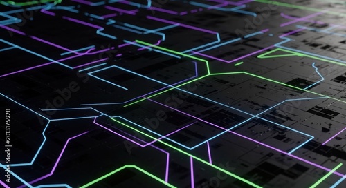 Glowing neon lines trace intricate pathways across a dark, textured digital surface.