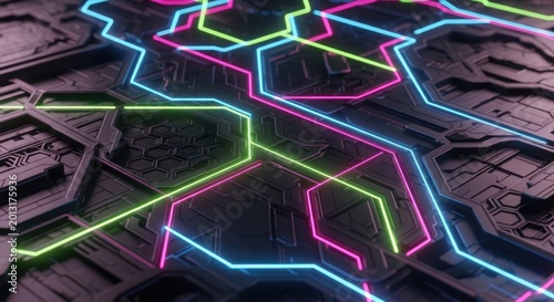 Intricate dark technological surface illuminated by bright, colorful neon circuitry patterns