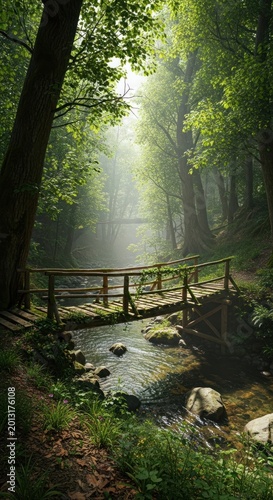 Wooden footbridge spans a shallow stream flowing through a deeply shaded, sunlit forest path