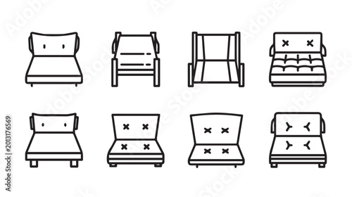 Modern furniture line art icons showing sofa and chair variations for interior design
