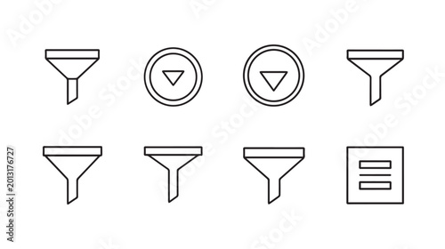 Multiple funnel icons and download arrows in a clean white background for data filtering concepts
