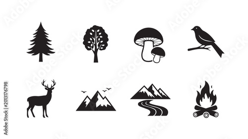 Nature elements collection with deer tree bird mountain and campfire icons
