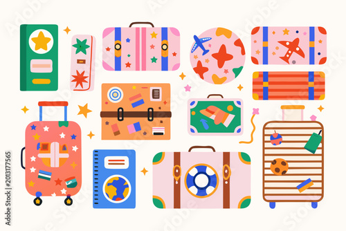 Canvastavla colorful suitcase set flat vector illustration with travel themed designs