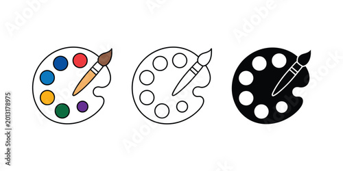 Art palette icon set with paint brush in various styles
