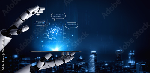 Schilderij op canvas Futuristic concept of AI prompt engineering showing NLP AI neural processor unit converting text commands into intelligent AI responses