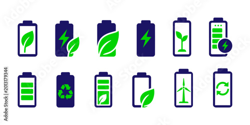 Eco Battery and Sustainability solid Icons Set. Green Energy, Charging, Recycling, electric energy, clean energy, leaf, battery level, power Symbol