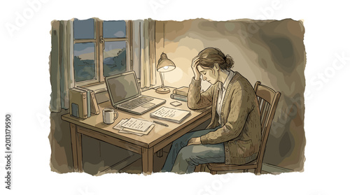 Woman feeling stressed while working late at her desk with a laptop