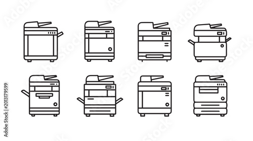 Row of clean line art photocopiers on white background representing office equipment and technology