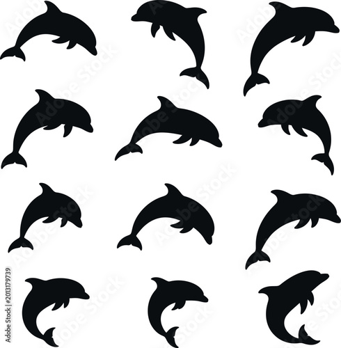 Set of twelve black dolphin silhouettes in various jumping and swimming poses
