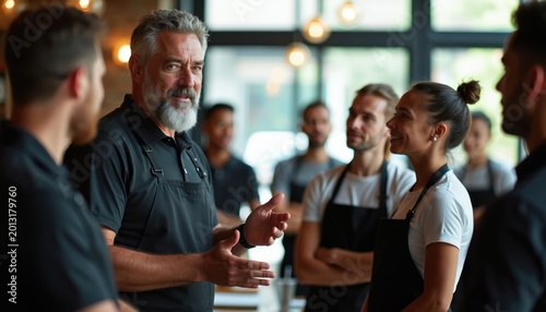 Manager speaks with restaurant staff during team meeting. Employees listen intently as he guides them on service. They are wearing aprons and appear engaged in pre-shift briefing or training session.