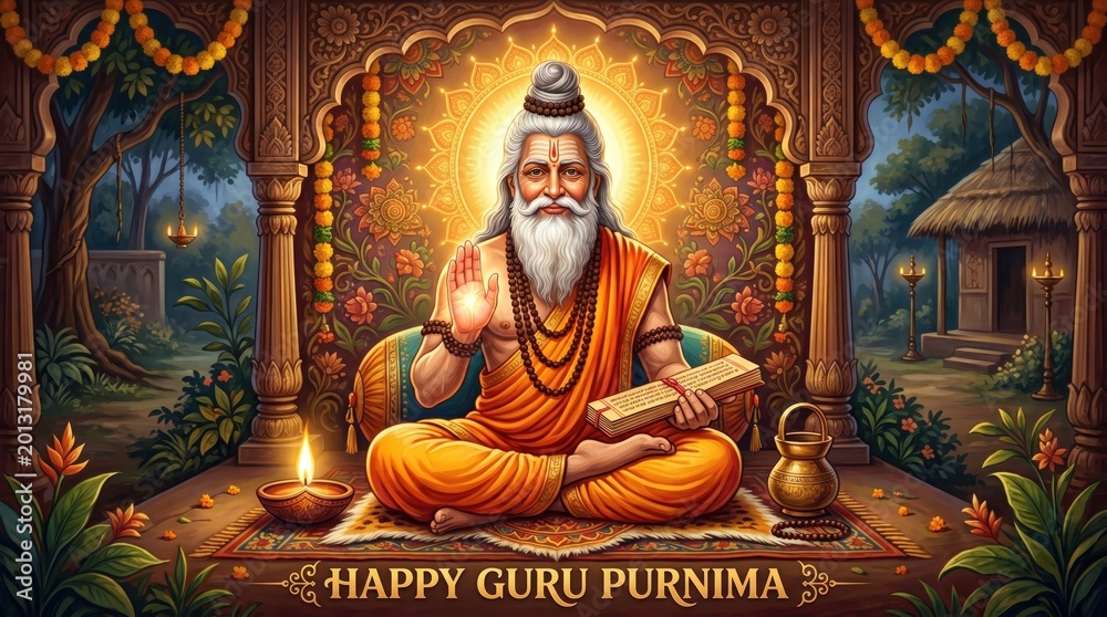 Fototapeta premium Elderly guru meditating under golden light during Guru Purnima celebration in traditional setting