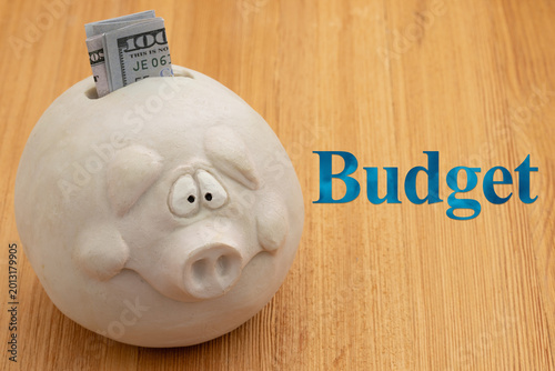 Quadro su tela Budget message with piggy bank on wood desk