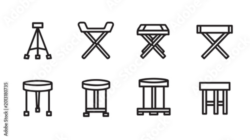 Set of various portable folding stools and tripod chairs in outline style