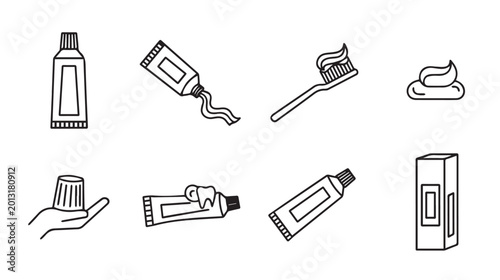 Simple line drawings of toothpaste tubes and toothbrush for dental hygiene concept