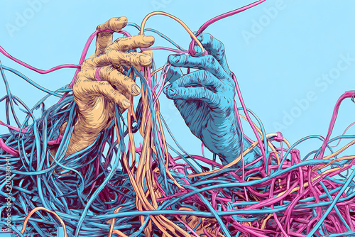 Two hands of different colors tangled in chaotic bundle of multicolored wires conceptual illustration of complexity and connection