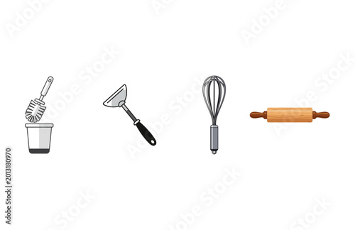 Photos Collection of kitchen utensils whisk, spatula, rolling pin, and pot brush