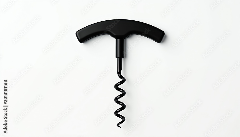 Obraz premium Black T-handle corkscrew isolated on white background. Tool for opening wine bottles. Simple object, clean design for bars restaurants or home.