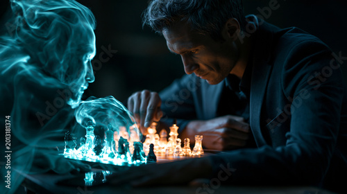 Grandmaster plays chess against a phantom on a glowing liquid light board in a high contrast dramatic surreal setting