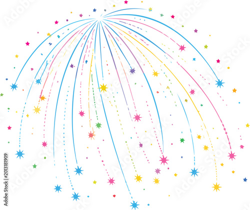 Colorful abstract fireworks and rainbow stars vector illustration celebration background design wallpaper banner