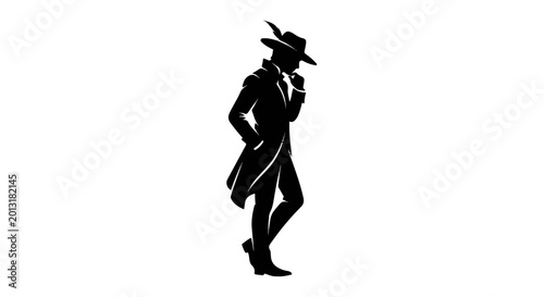 Fotografía black silhouette of a mysterious gentleman detective in a hat and trench coat