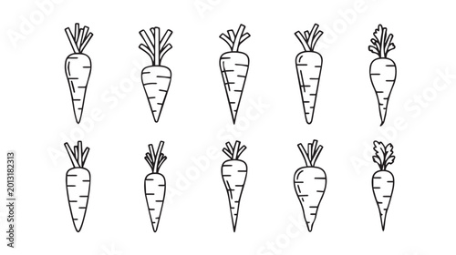 Ten Hand Drawn Carrot Illustrations with Green Tops Against White Background Simple Style