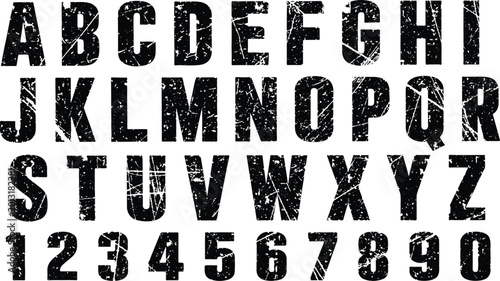 Hand drawn alphabet vector font set illustration featuring letters, numbers, symbols and abc typography design in grunge paper style for business concept icon collection