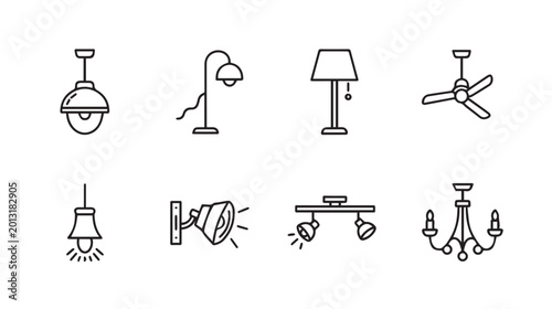 Various clean line art icons of home lighting fixtures in a grid arrangement on a white background
