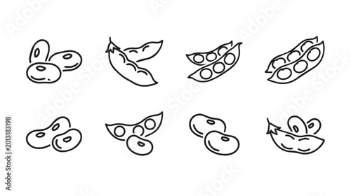 Various edible beans and pods in simple line art on a white background for healthy eating concepts