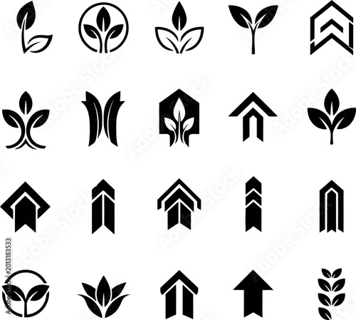 Set of 20 black and white leaf and growth icons with growth chart, abstract
