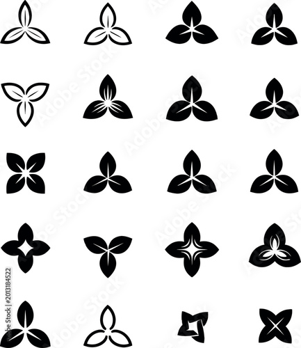 Collection of botanical icons with three and four petal shapes, botanical