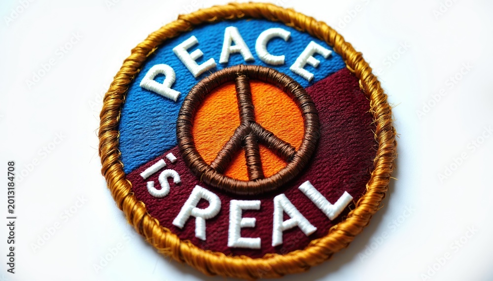Fototapeta premium Circular embroidered patch with peace symbol and text PEACE IS REAL in blue, orange, maroon sections. Detailed stitching, bold lettering, motivational craft, decorative symbol.