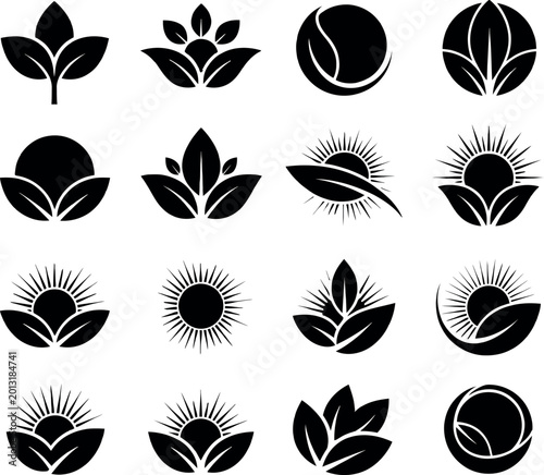 Modern logo graphics with sun rays and abstract floral shapes, abstract