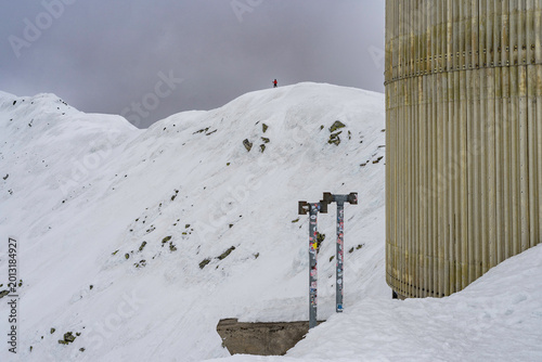 A skier goes to the top and then descends the mountain on virgin snow. Off-piste skiing from Gaustetoppen.