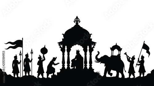 Tableau sur toile Indian royal procession with elephant and palace building silhouette high-qualit