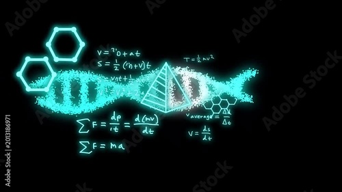 Teal cloud starting spread, dots forming helix, pyramid rising, formulas appearing, showing science