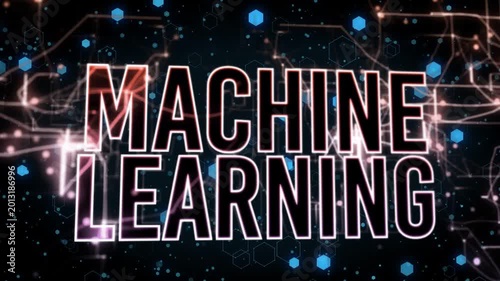 Left circuits sparking MACHINE LEARNING emerging hexes drifting neon outline pulsing showing logo